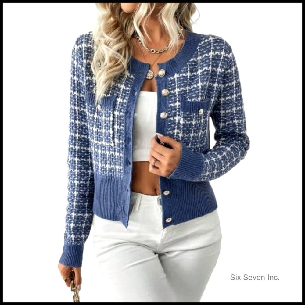 Tweed Plaid Cardigan Blazer, Button Front, Crew Neck, Long Sleeve, 100%